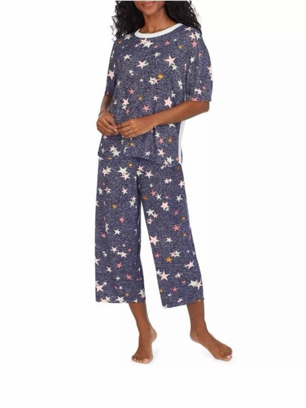 DKNY Women's Elastic Waistband Capri & Short Sleeve Pajama Set Navy Star XXL